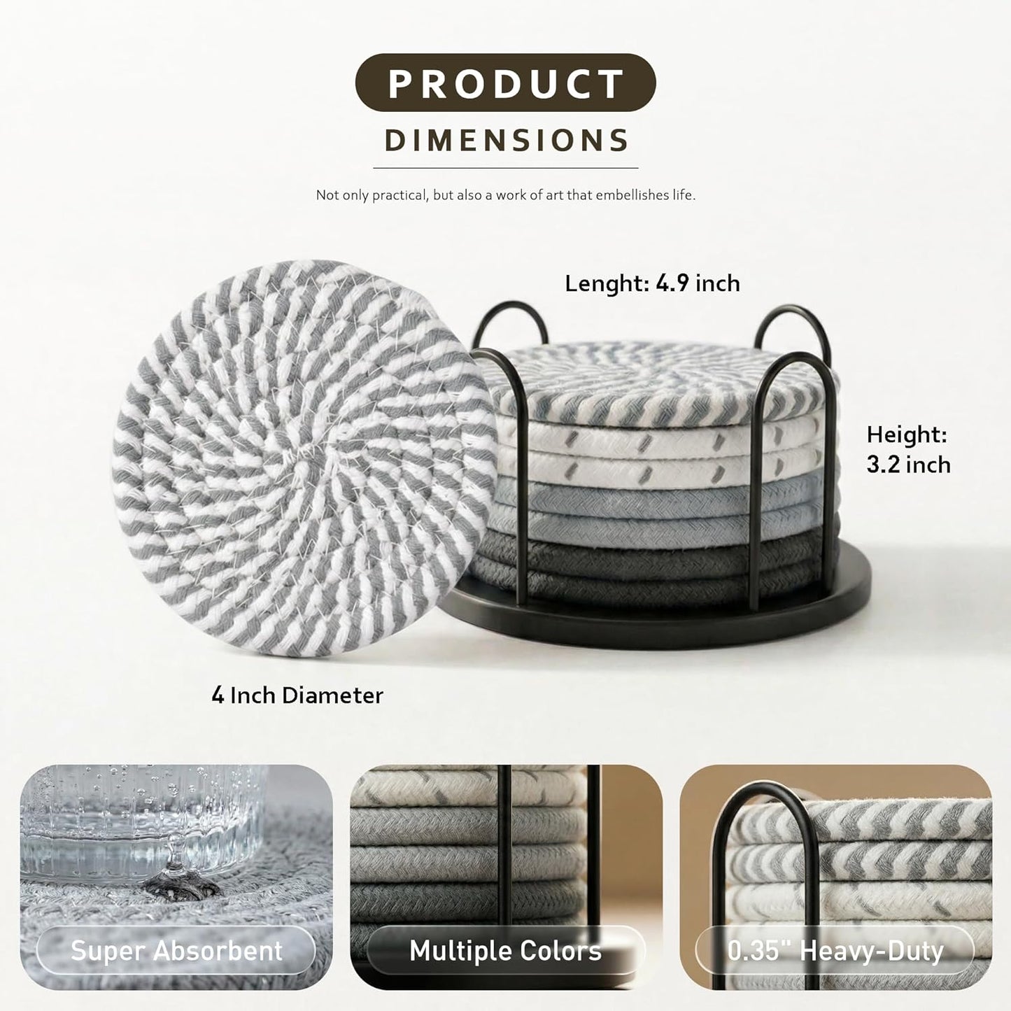 Lazebox Coasters Set of 8 for Drinks. 4 Inch Large Coasters for Coffee Table. Tabletop Protection for Hot & Cold Drinks. Versatile Coasters for Home Decor. Non-Slip & Easy to Clean. Gray : Home & Kitchen